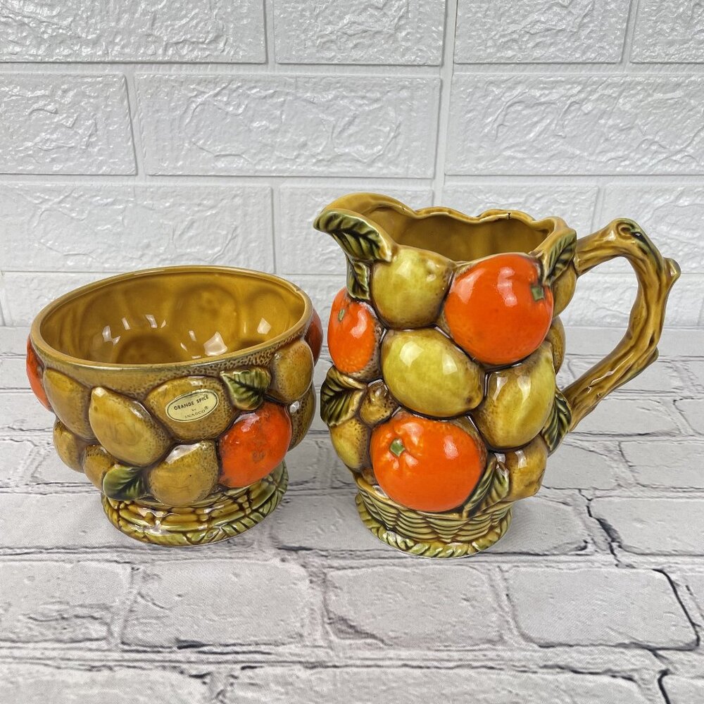 Vintage 1960s Inarco Japan "Orange Spice" Ceramic Pitcher and Planter Bowl Set